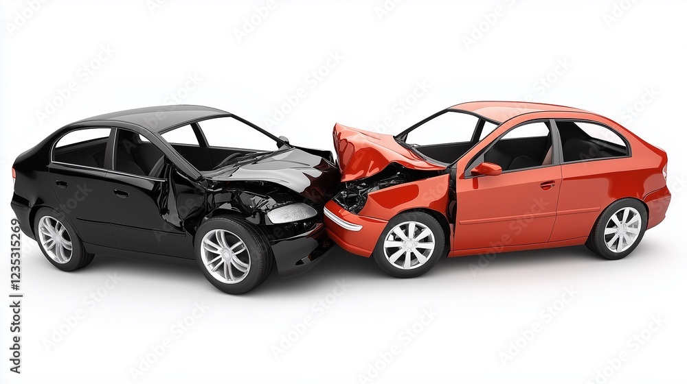 Fototapeta premium Two cars in a collision with visible damage to their front ends on a white background