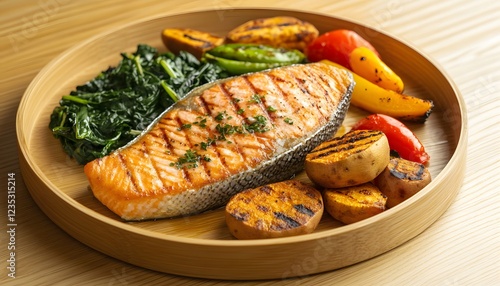 Grilled Salmon with Roasted Vegetables and Spinach
