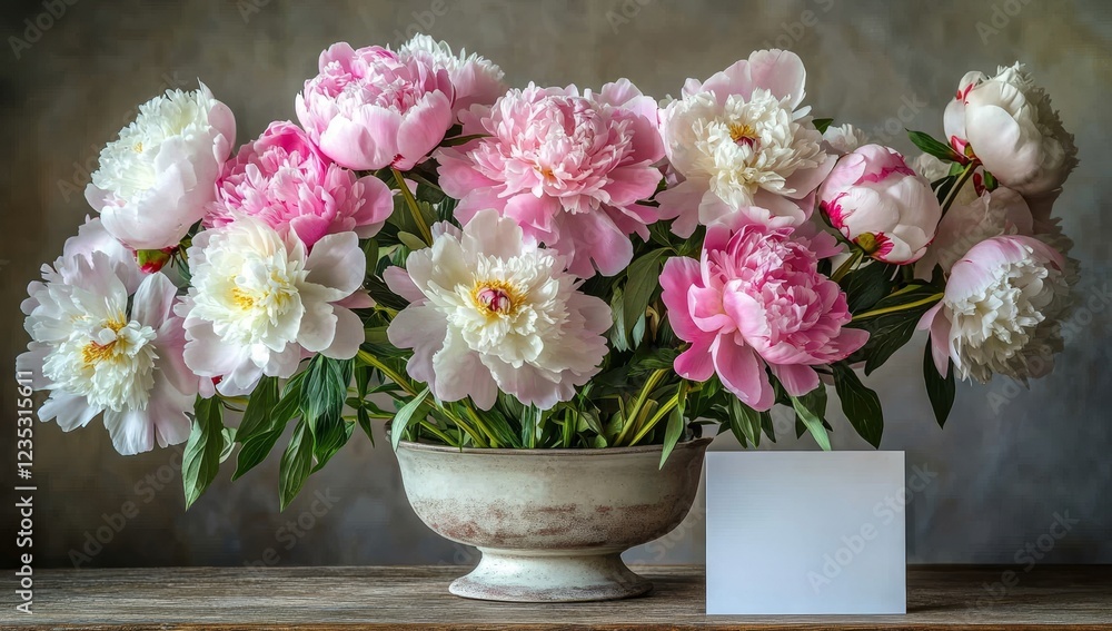 A bouquet of peonies complements a blank white paper card, evoking spring's beauty. A bouquet of peonies complements a blank white paper card, evoking spring's beauty.