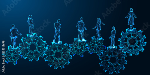 Teamwork and collaboration futuristic concept with people silhouettes standing on glowing gears