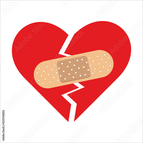 Red Heart broken to two pieces fixed with a plaster patch, vector illustration icon or logo, fixed broken heart concept, breakup or divorce, heartbreak regret, separated couple, tragic love.