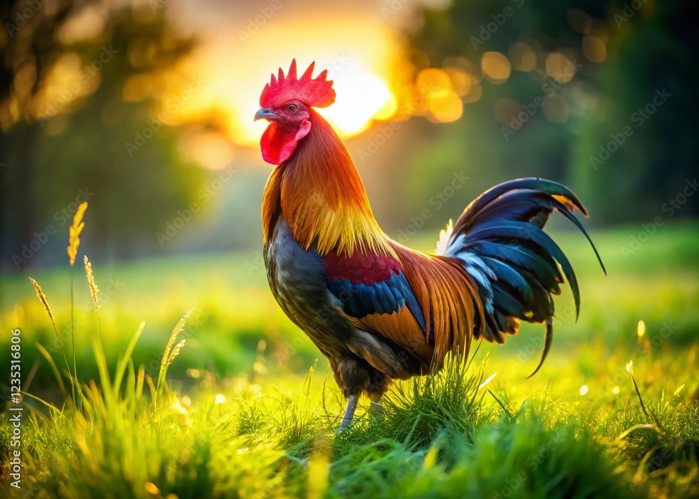 Fototapeta premium Majestic Rooster in Lush Green Pasture - Vibrant Farm Animal Stock Photo