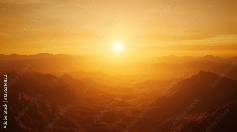 Fototapeta premium Golden Sunset Over Distant Mountain Ranges