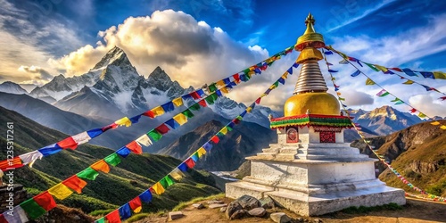 Majestic Stupa Amidst Prayer Flags in the Himalayas photo