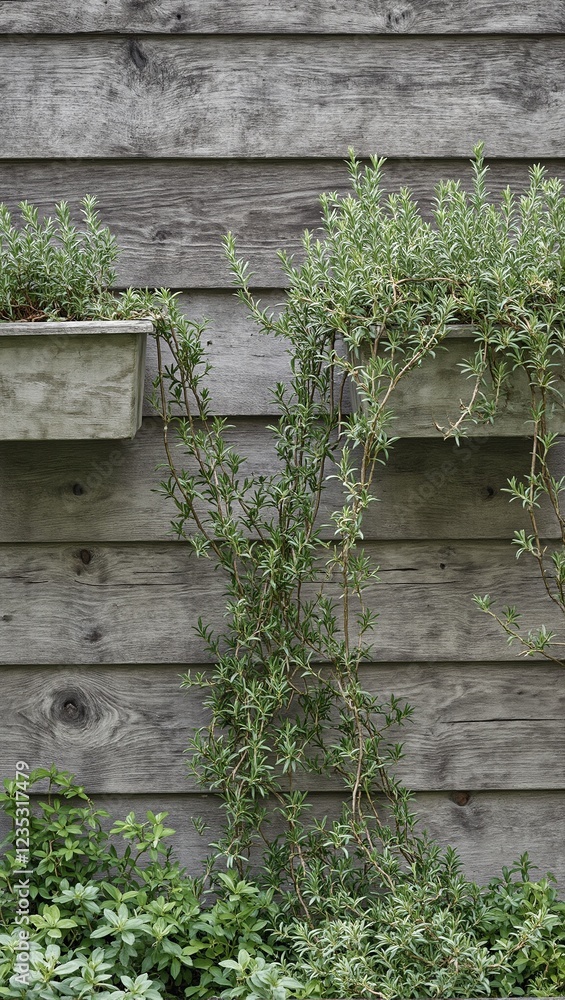 Rustic wooden wall with cascading rosemary planters Rustic wooden wall with cascading rosemary planters