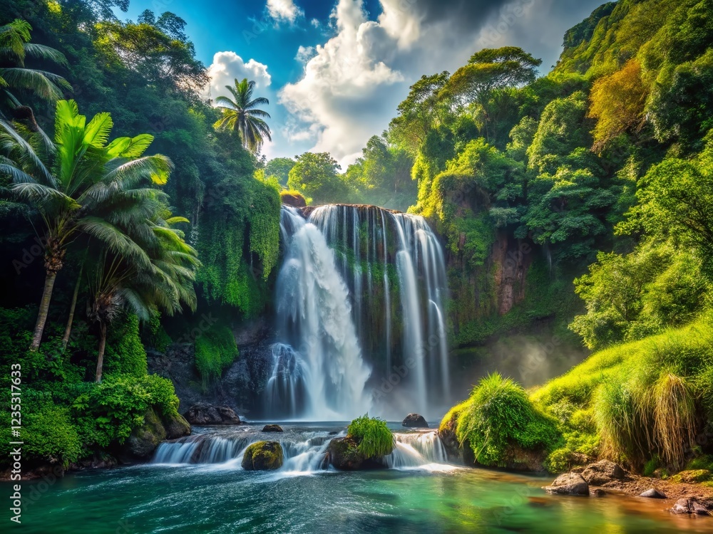 Naklejka premium Majestic Waterfall in Lush Tropical Forest Silhouette