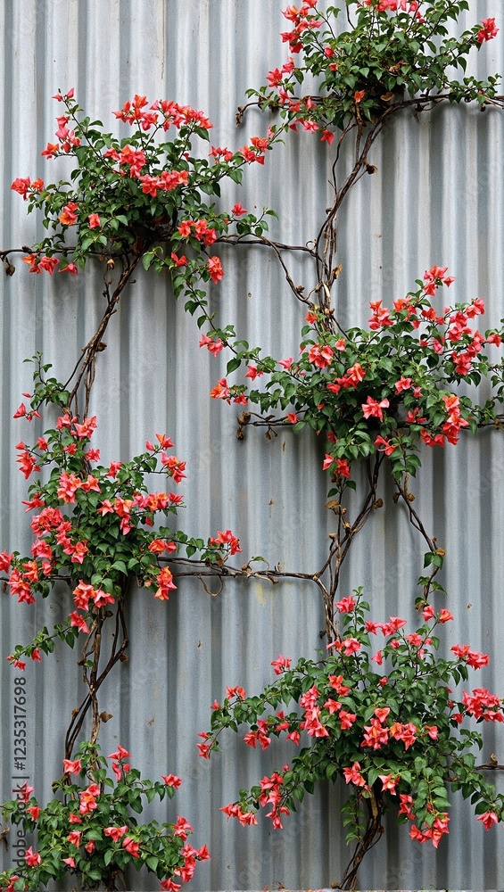 Naklejka premium Industrial wall with vibrant bougainvillea vines in vertical pattern