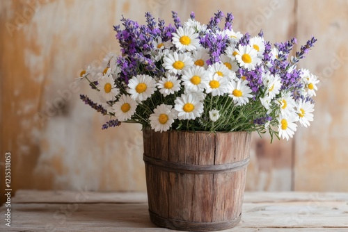 Daisies and lavender in a rustic wooden bucket
