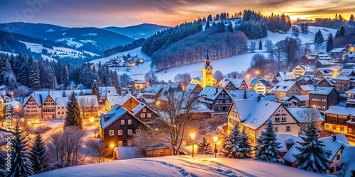 Meschede, Germany Winter Landscape: Snowy Village View at Dusk, Sauerland Nature Park