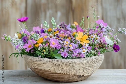 A rustic wooden bowl filled with a vibrant summer flower arrangement photo