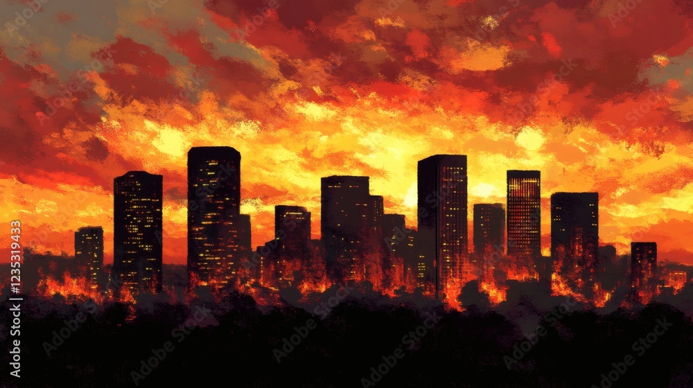 Fototapeta premium Cityscape Inferno Apocalyptic Sunset Over Burning Metropolis