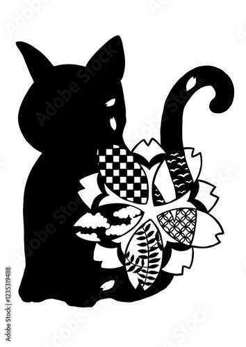 切り絵用の猫のシルエットと和風模様の桜