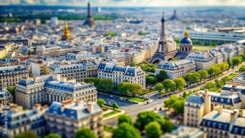 Fototapeta Naklejka Na Ścianę i Meble -  Miniature Paris Cityscape: Black & White Tilt-Shift Aerial View
