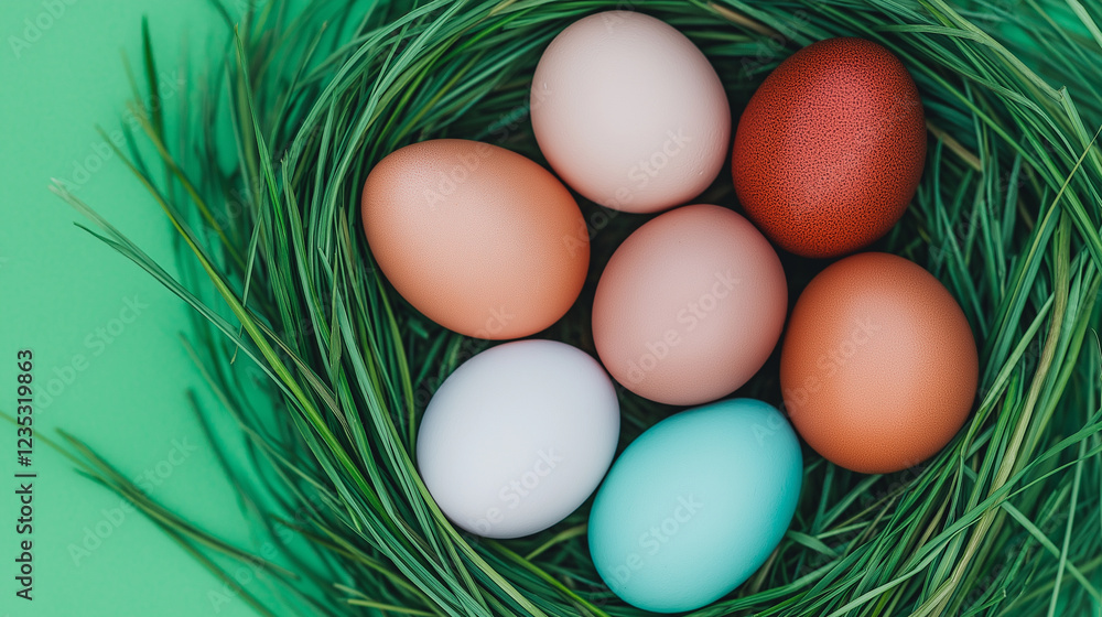 olorful Easter eggs resting in green grass nest, celebrating holiday tradition, spring, renewal, nature, joy, and festive seasonal decoration with natural organic textures. olorful Easter eggs resting in green grass nest, celebrating holiday tradition, spring, renewal, nature, joy, and festive seasonal decoration with natural organic textures.