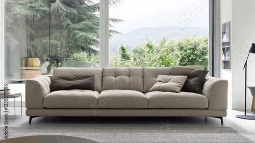 Modern Beige Sofa Against Panoramic Window View photo