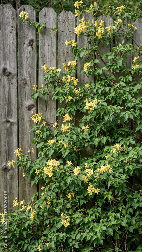Naklejka premium Rustic fence with blooming honeysuckle vines in yellow