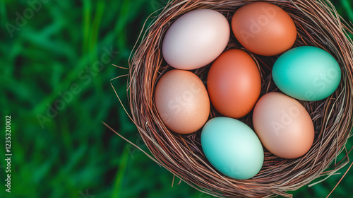 olorful Easter eggs resting in green grass nest, celebrating holiday tradition, spring, renewal, nature, joy, and festive seasonal decoration with natural organic textures. photo