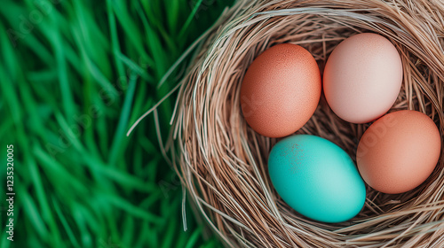 olorful Easter eggs resting in green grass nest, celebrating holiday tradition, spring, renewal, nature, joy, and festive seasonal decoration with natural organic textures. photo