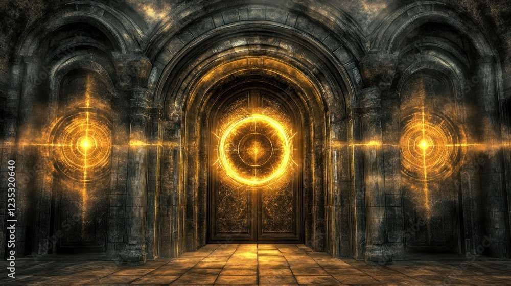 Obraz premium Ancient Golden Doorway In A Dark Stone Hallway