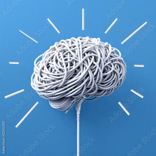 A surreal stock photo featuring a brain-shaped electrical cable with a plug, symbolizing futuristic technology and neural connections on a blue background.
