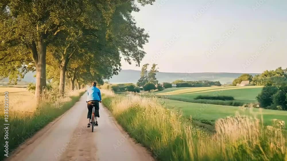 A person cycles down a rural path lined with trees, embracing a healthy lifestyle and the beauty of nature A person cycles down a rural path lined with trees, embracing a healthy lifestyle and the beauty of nature