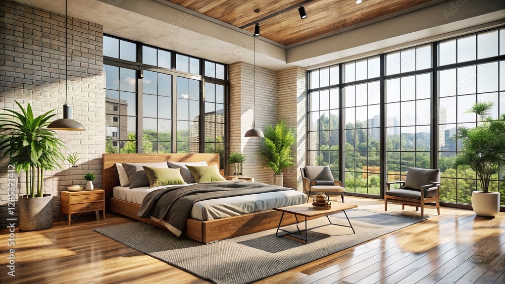 Naklejka premium Minimalist Loft Bedroom Interior with Panoramic Windows