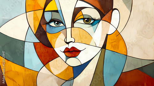 Fototapeta Naklejka Na Ścianę i Meble -  Cubist portrait woman abstract face hand drawn background geometric shapes boho wallpaper art print poster. Cubist Abstraction. Illustration
