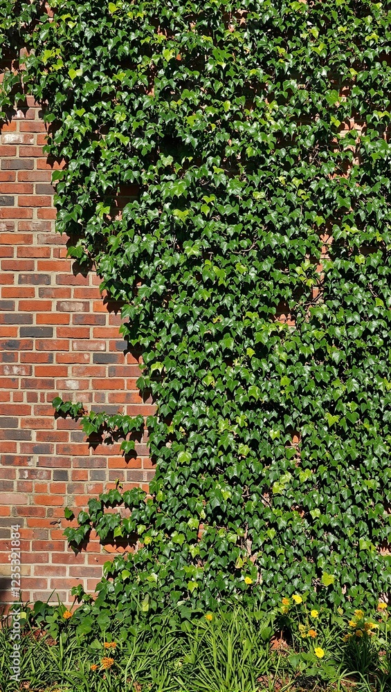 Serene red brick wall covered in lush green Virginia creeper sun rays peeking through Serene red brick wall covered in lush green Virginia creeper sun rays peeking through