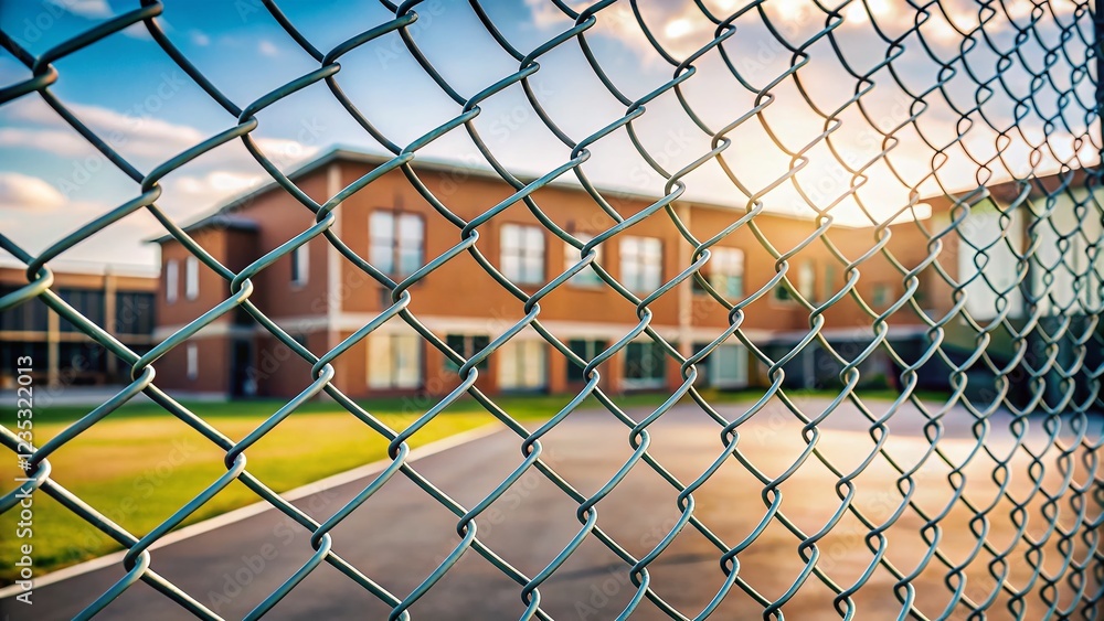 Minimalist School Through Chain Link Fence: Education, Building, Security, Childhood, Learning Minimalist School Through Chain Link Fence: Education, Building, Security, Childhood, Learning