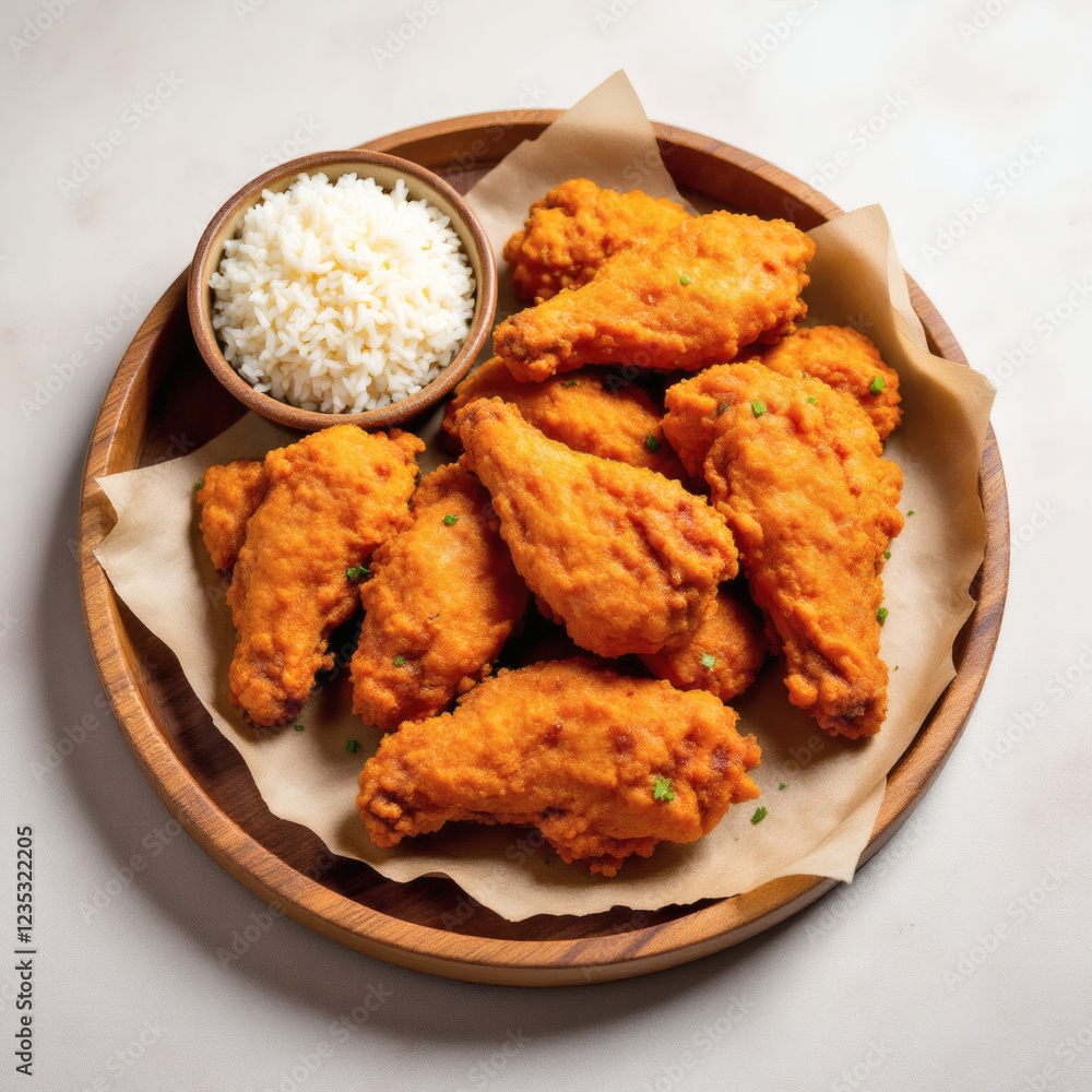 A realistic 3D render of crispy fried chicken wings on a wooden plate, served with dipping sauce and rice. Perfect for food concepts, menus, or promotions. A realistic 3D render of crispy fried chicken wings on a wooden plate, served with dipping sauce and rice. Perfect for food concepts, menus, or promotions.