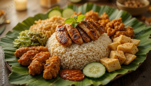 Lavish Indonesian Iftar Spread with Nasi Uduk, Grilled Chicken, Fried Tempeh, and Spicy Sambal on Banana Leaf photo