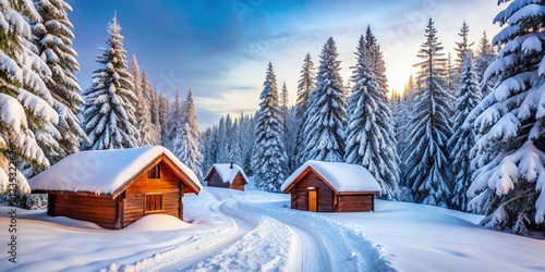 Wallpaper Mural Minimalist Winter Wonderland: Snow-Covered Cabins & Scenic Snowy Road Torontodigital.ca