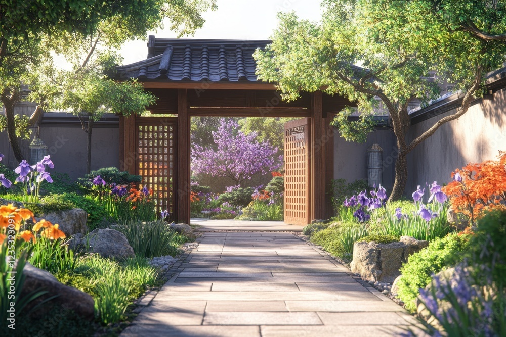 Obraz premium Serene Japanese Garden Path Leads Through Wooden Gate