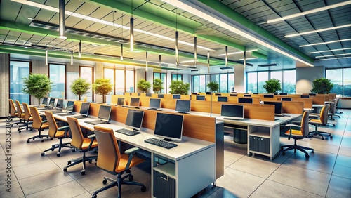 Modern Call Center Office with Cubicles and Computers photo