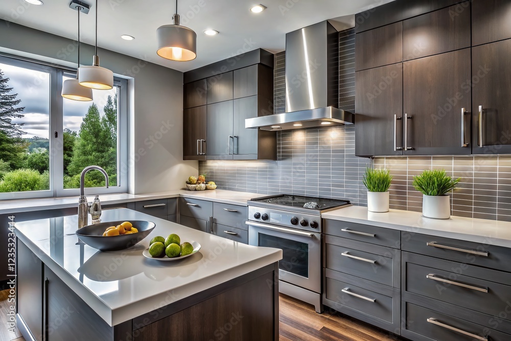 Fototapeta premium Modern Gray Kitchen: Northwest Style Flat Front Cabinets, White Quartz Countertops, Linear Tile Backsplash