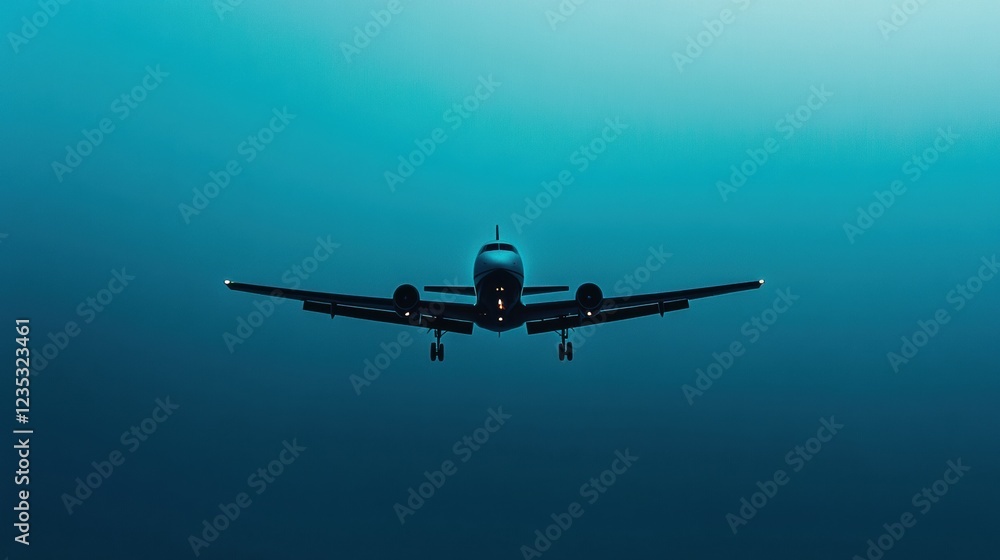 Fototapeta premium Silhouette of a sleek airplane flying through a dimly lit sky at dusk, showcasing clean lines and an elegant design. Generative AI