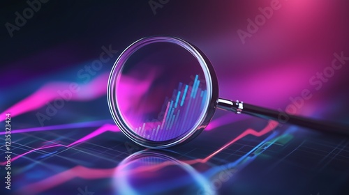 A magnifying glass focusing on vibrant neon graphs and charts against a dark background