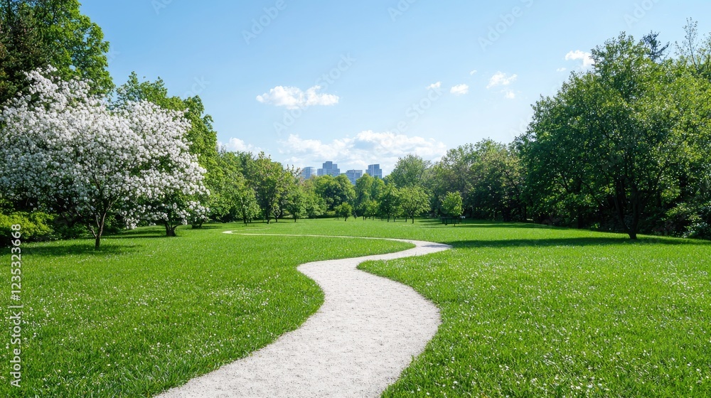 Spring park path, city skyline, green grass, sunny day, nature background Spring park path, city skyline, green grass, sunny day, nature background