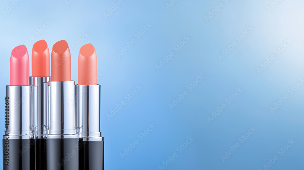 Vibrant lipstick collection in modern chrome tubes, assorted shades of pink and coral, elegant beauty cosmetics, luxury makeup concept, stylish aesthetic, minimal background. Vibrant lipstick collection in modern chrome tubes, assorted shades of pink and coral, elegant beauty cosmetics, luxury makeup concept, stylish aesthetic, minimal background.