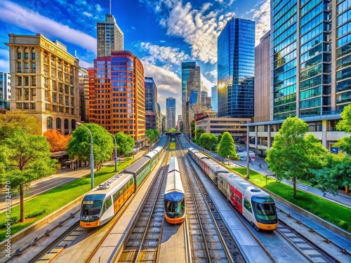 Modern Tram Trains Passing Through Urban Landscape photo