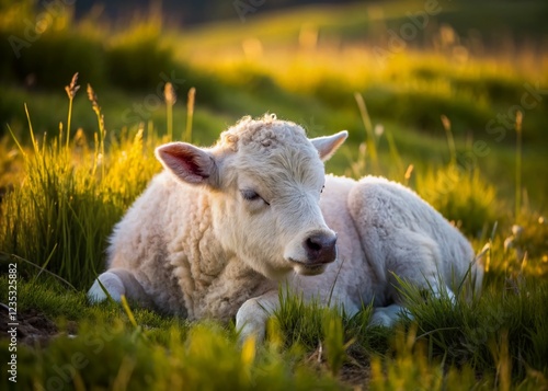 Newborn White Albino Bison Calf Slumbers Peacefully in Wyoming Pasture photo