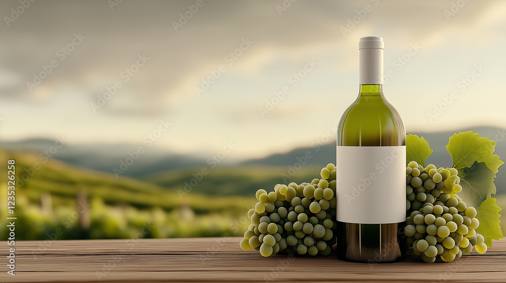 Fototapeta premium Elegant wine bottle with blank label and green grapes, vineyard background, premium winery product, luxury beverage branding, sophisticated lifestyle, nature-inspired concept, rustic charm.