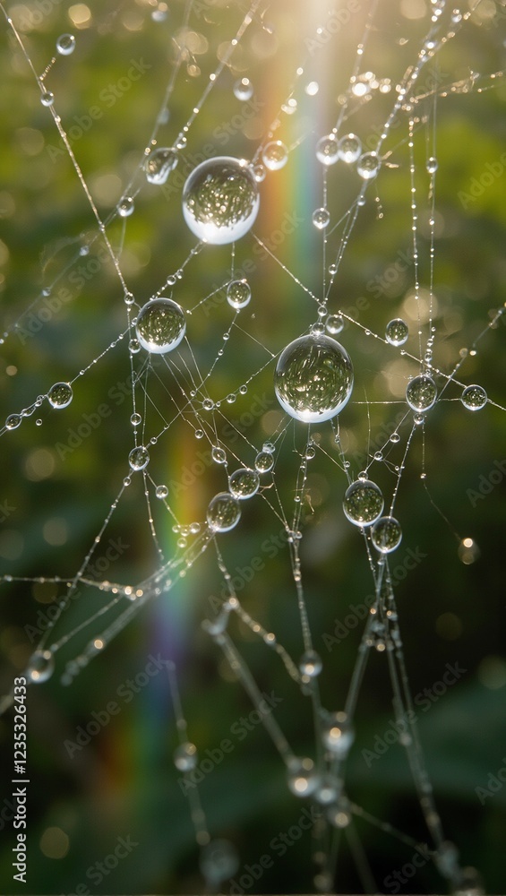 Ethereal water droplets refracting light on spider silk Ethereal water droplets refracting light on spider silk