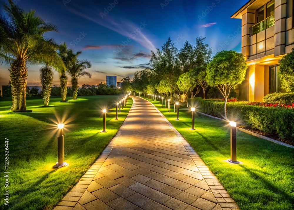 Fototapeta premium Night Park Path: Illuminated Beige Tiles, Green Lawn Landscape