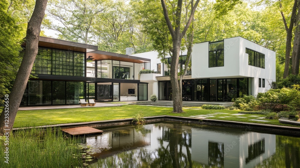 A contemporary house with a large backyard, mature trees, and a peaceful pond. A contemporary house with a large backyard, mature trees, and a peaceful pond.