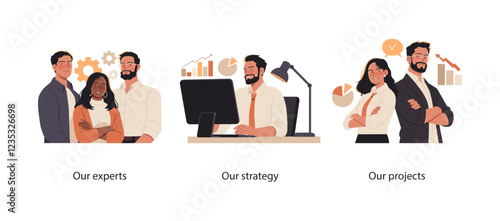 Collection of scenes highlighting teamwork, strategy, and project management. A group of experts collaborates in a professional environment, analyzing data, discussing strategy.