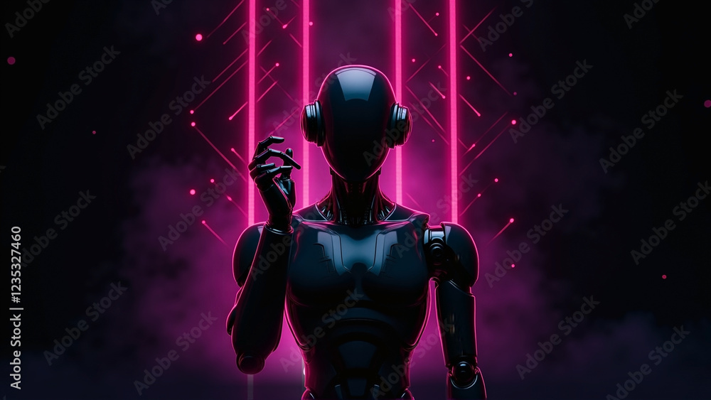 Naklejka premium Futuristic AI robot posing in front of digital neon streams against a foggy background, representing the future of AI and technology