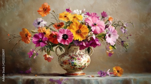Wallpaper Mural Vibrant Summer Bouquet in Vintage Porcelain Vase - Still Life Oil Painting Torontodigital.ca