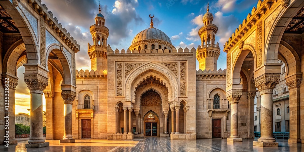 Obraz premium Ornate Entrance, Al Qaed Ibrahim Mosque, Alexandria, Egypt: Stunning Architectural Detail of Historic Islamic Landmark