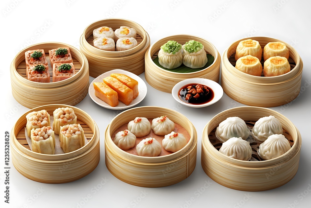 A variety of dim sum served in bamboo steamers, showcasing traditional Asian cuisine. A variety of dim sum served in bamboo steamers, showcasing traditional Asian cuisine.